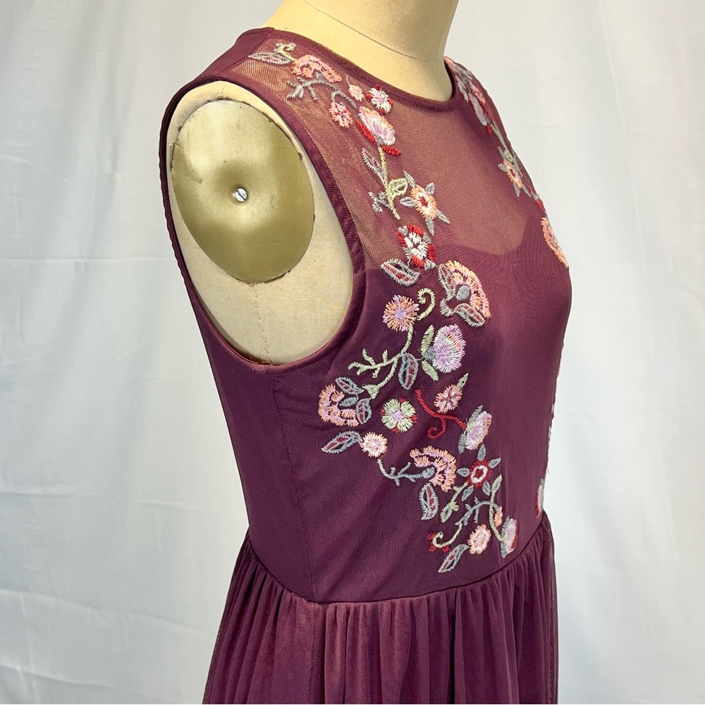Woodland wildflower embroidered floral midi dress sheer earthy burgundy wine y2k - Picture 5 of 14